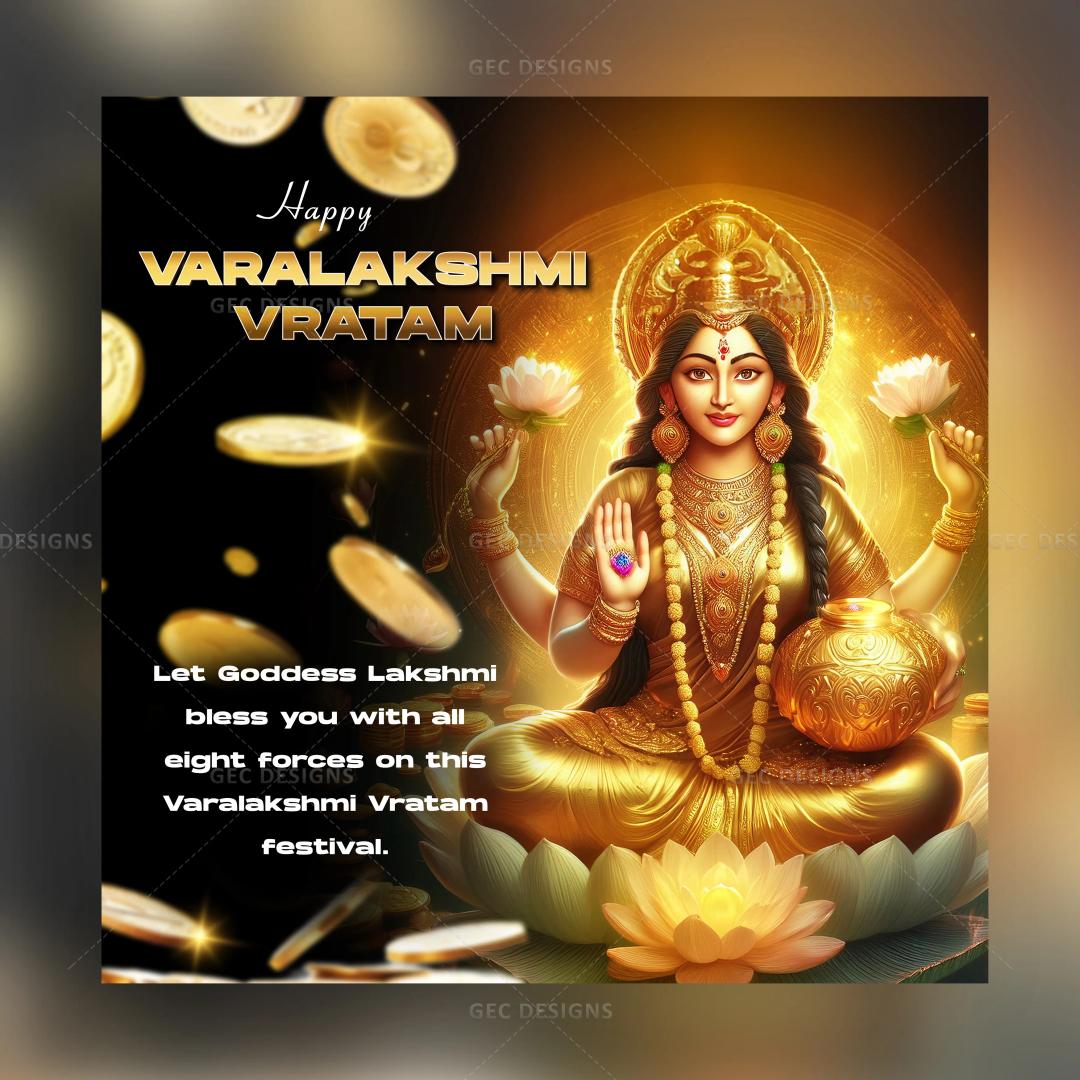 Celebrate Varalakshmi Vratham with a Golden theme Mahalakshmi with a quote, AI Generated wallpaper