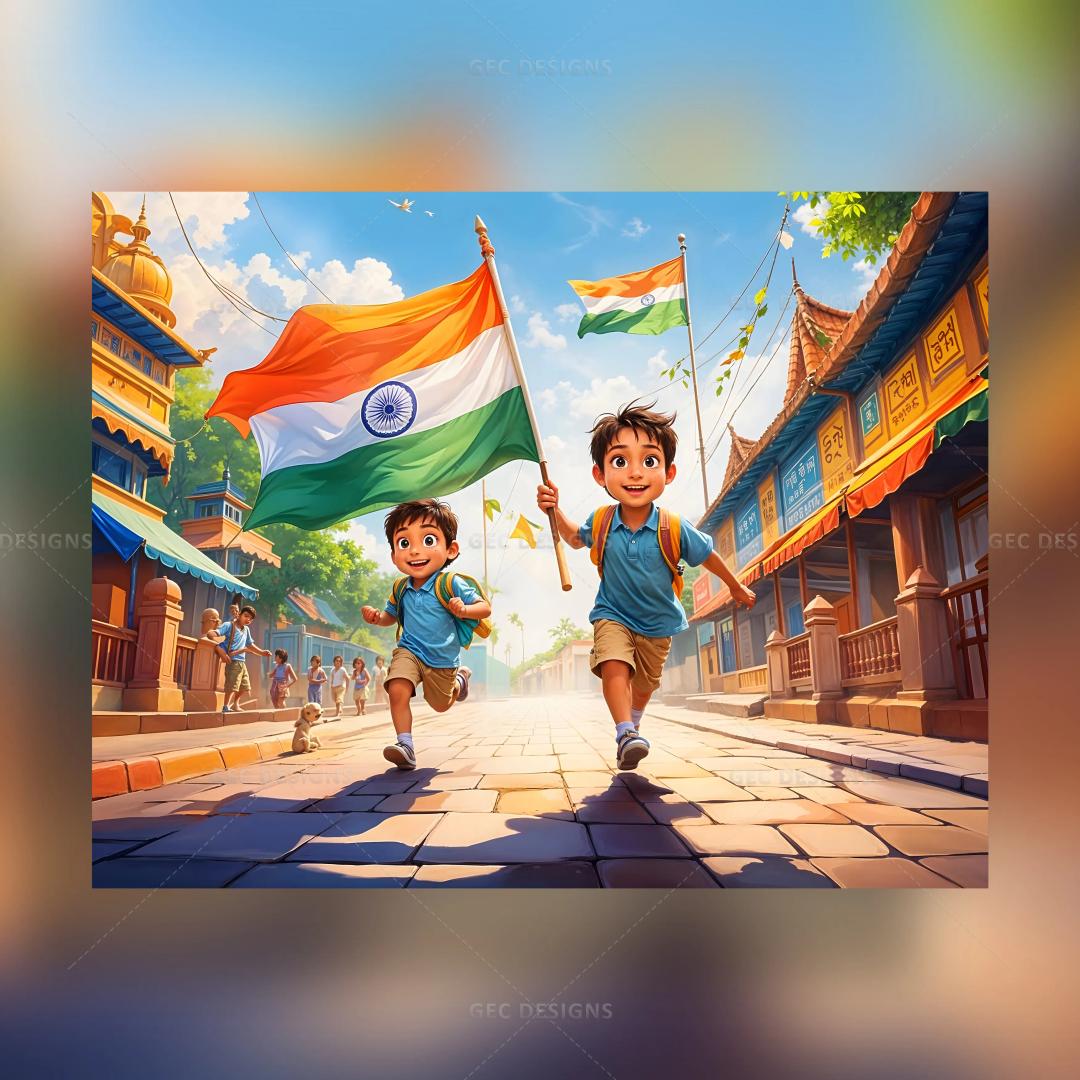 Children holding Indian flag and running along streets, anime concept AI Generated wallpaper