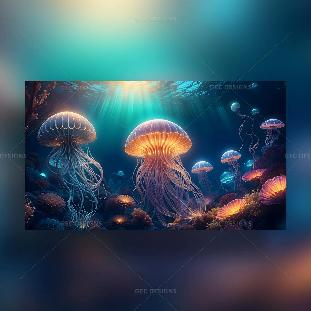 Colorful Jellyfish swimming in a deep blue sea AI Generated wallpaper