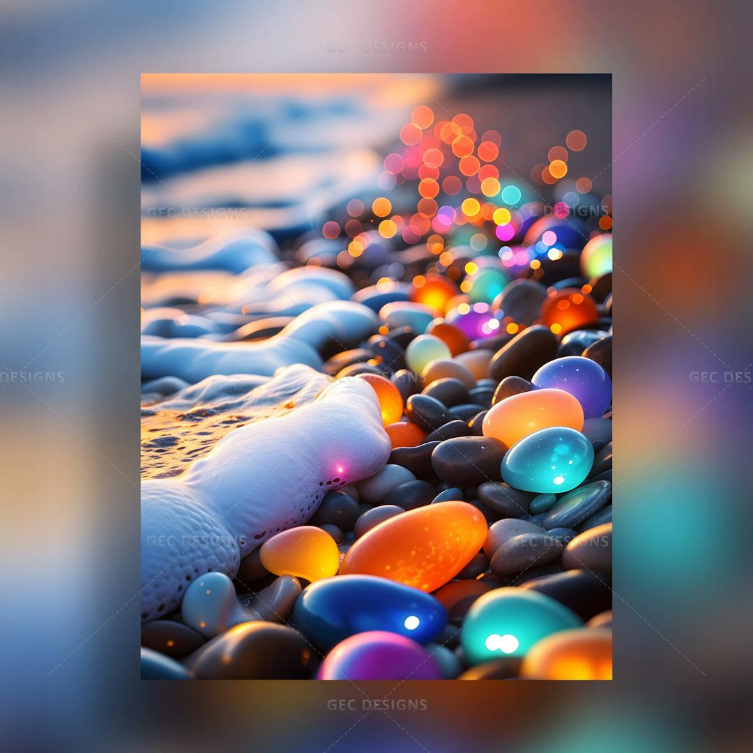 Colorful pebbles on the beach at sunset background wallpaper