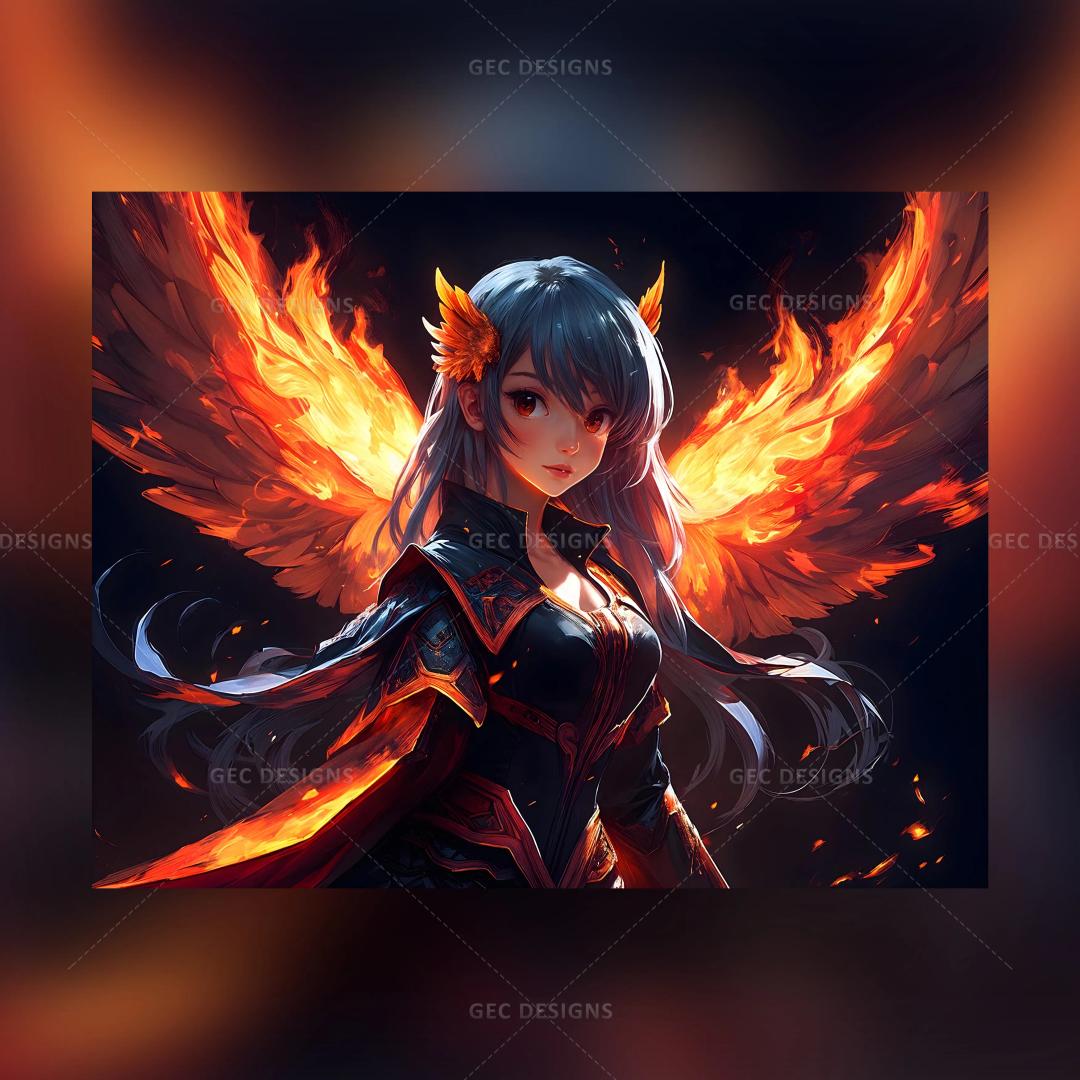 Cute anime girl with fire wings AI Generated wallpaper