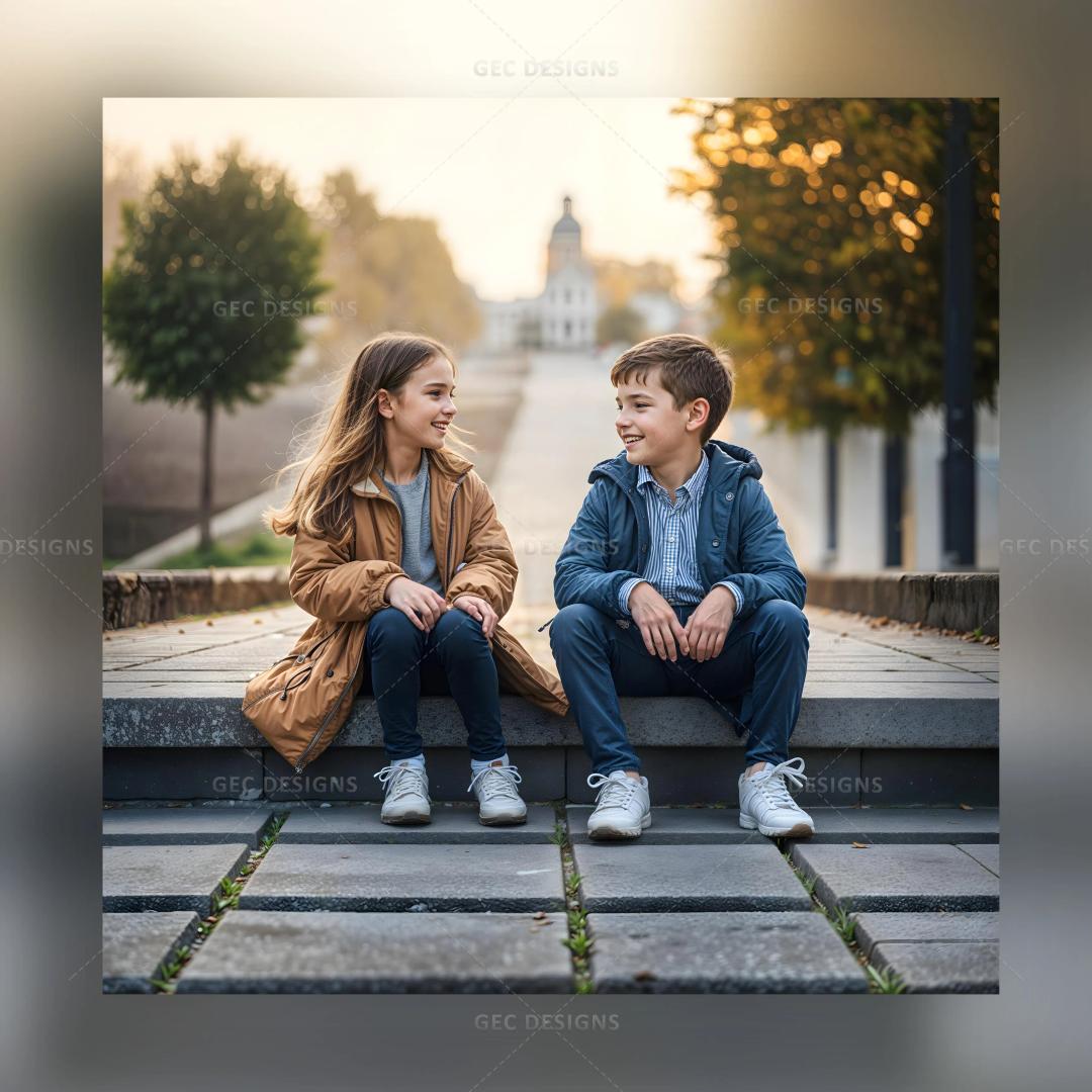 Cute boy and girl sitting on the ground joyfully laughing together AI Generated wallpaper