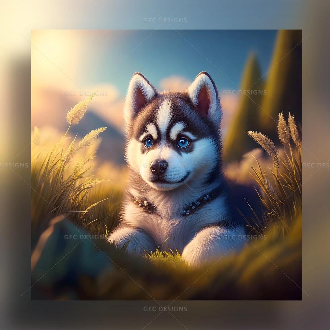 Cute little Siberian Husky puppy playing in grass AI generated wallpaper, International Dog Day poster