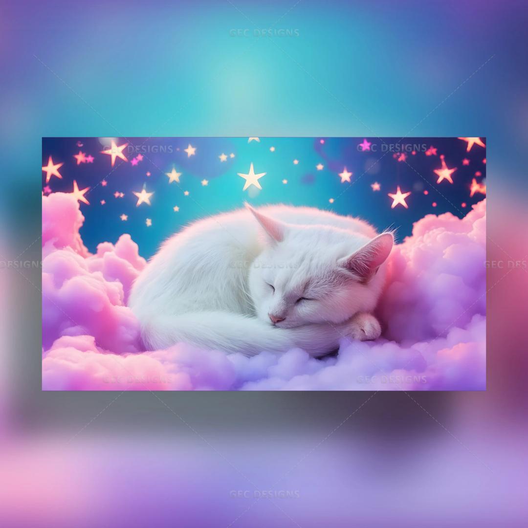 Cute white cat sleeping on a pink cloud with a starry night sky background