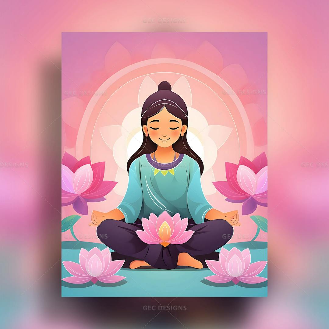 Cute young woman meditation, yoga cartoon vector illustration wallpaper image