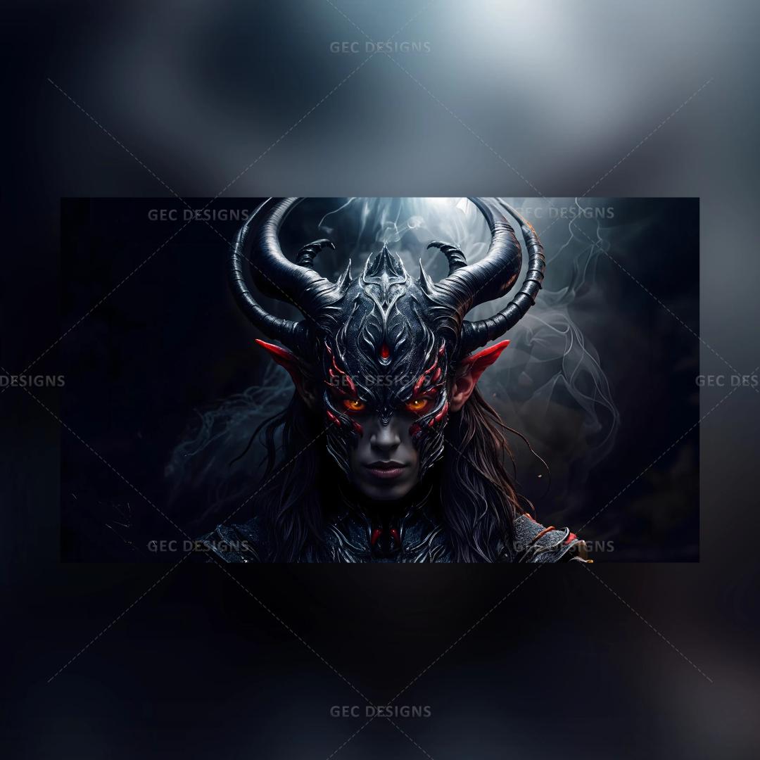 Dangerous demon slayer wallpaper, Halloween concept scary female demon with horns and red eyes AI Generated image