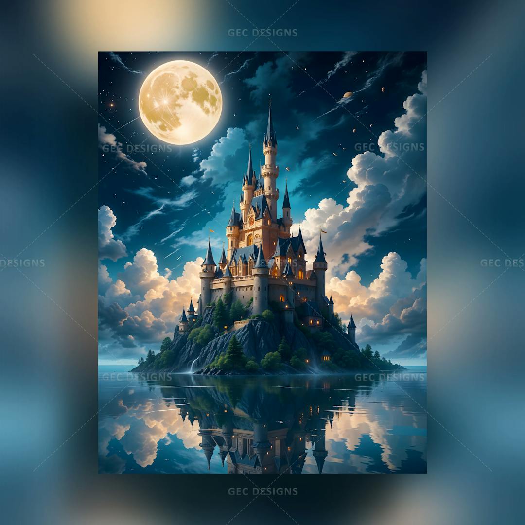 Dark fantasy castle on a floating island in a lake AI generated wallpaper at full moon day
