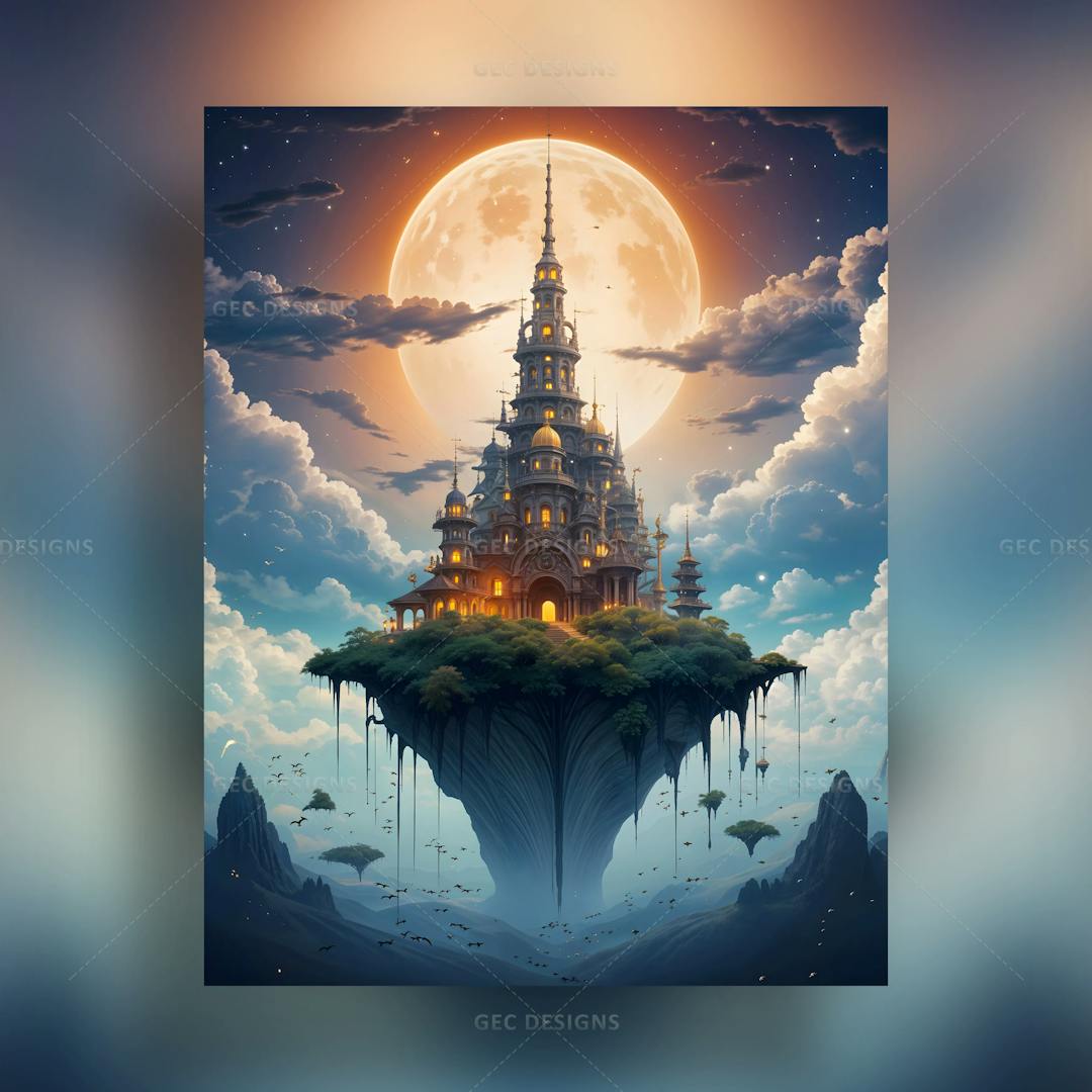 Dark scary castle in an isolated island AI-generated wallpaper with a large moon and magical clouds background