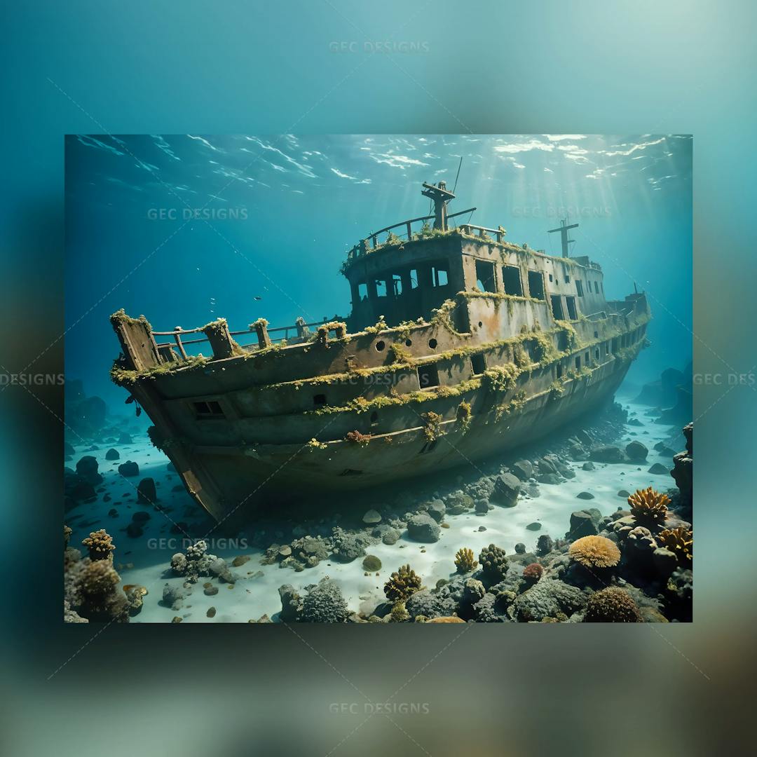 Deep underwater shipwreck AI Generated wallpaper