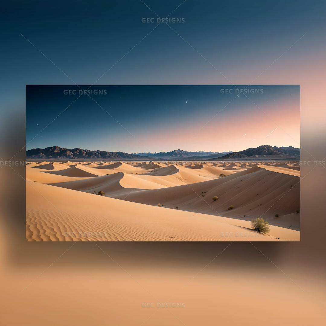 Desert landscape with sand dunes at the time of sunset surrounded by mountains AI Generated wallpaper