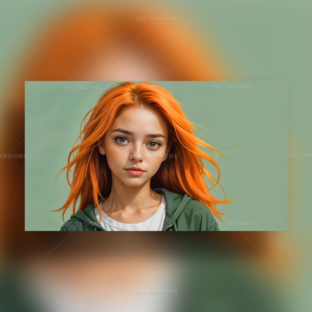 Digital art of a beautiful girl with orange hair and a green outfit AI Generated wallpaper