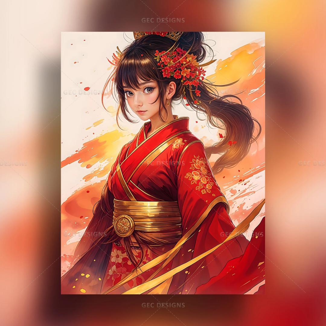 Digital art of a beautiful Japanese princess with red kimono AI Generated wallpaper