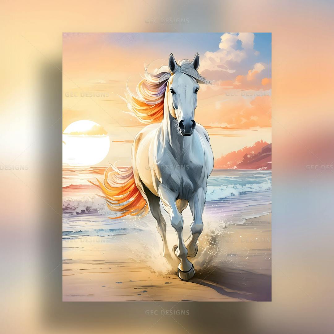 Digital art of a beautiful white horse running on the beach at sunset ai generated wallpaper