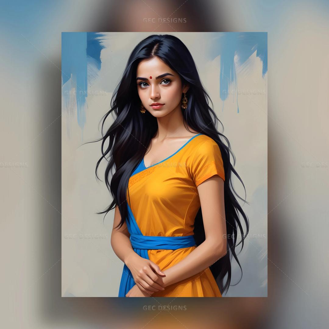 Digital art of beautiful young Indian woman with orange blue outfit AI Generated wallpaper