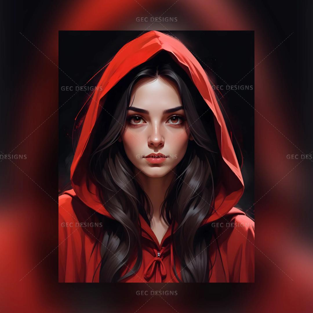 Digital art of mysterious young woman with red cloak dress AI Generated wallpaper