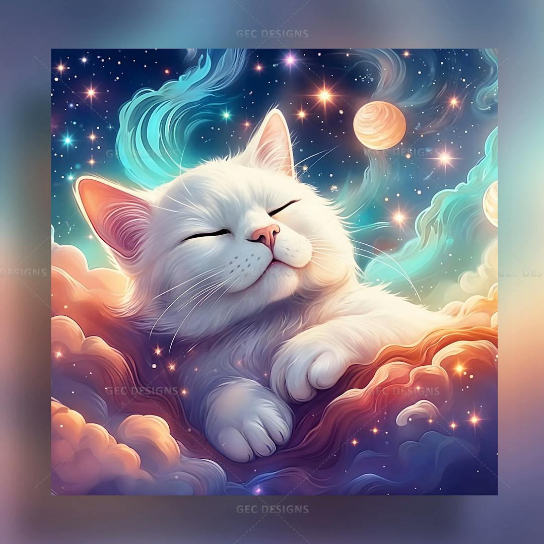 Digital art portrait of sleeping cute cat on cloud wallpaper with galaxy sky background