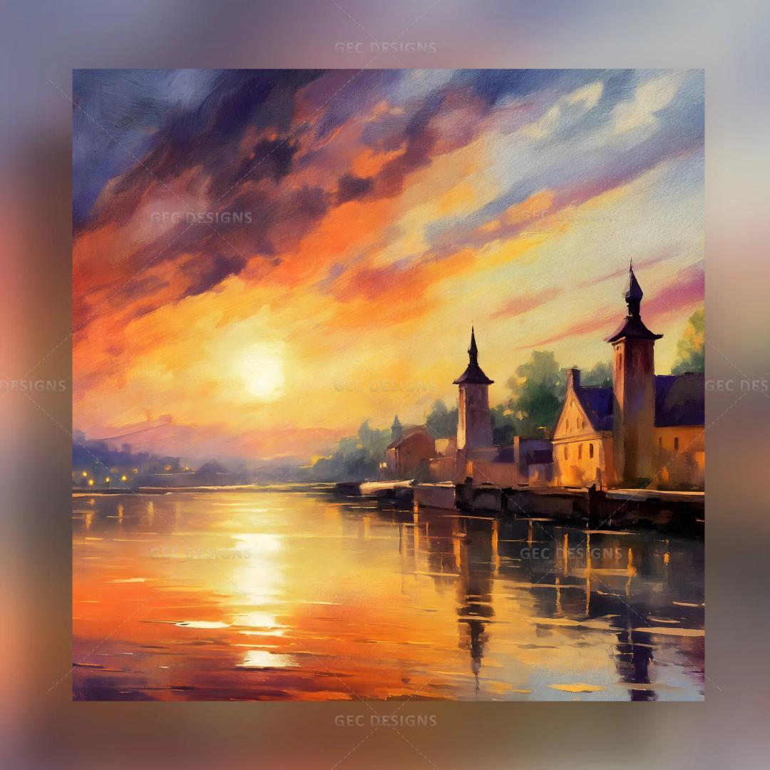 Digital painting of a European village on the banks of the river, sunset, AI Generated wallpaper