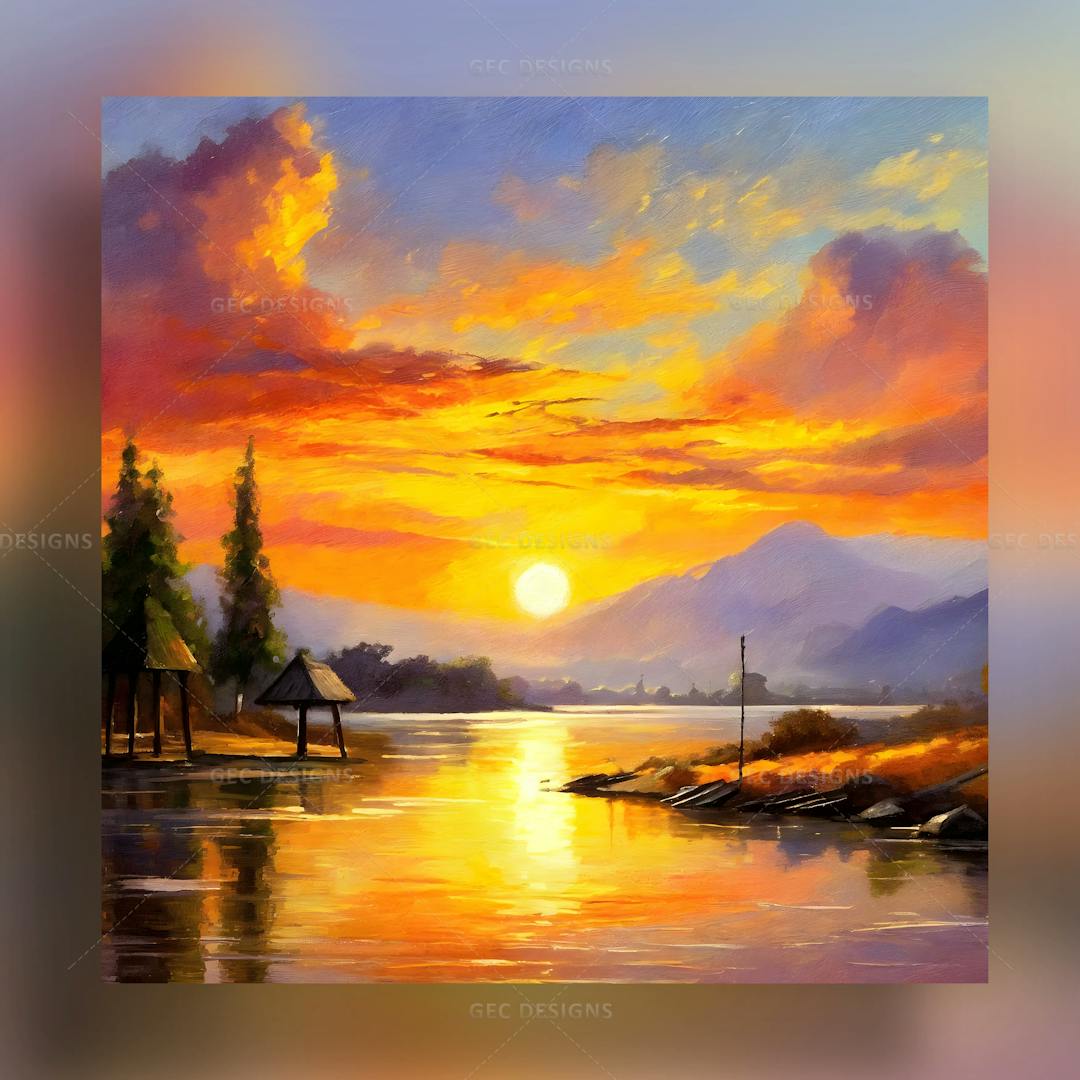 Digital painting of a fantasy nature land, evening sun reflects at the river, mountain background, AI Generated wallpaper