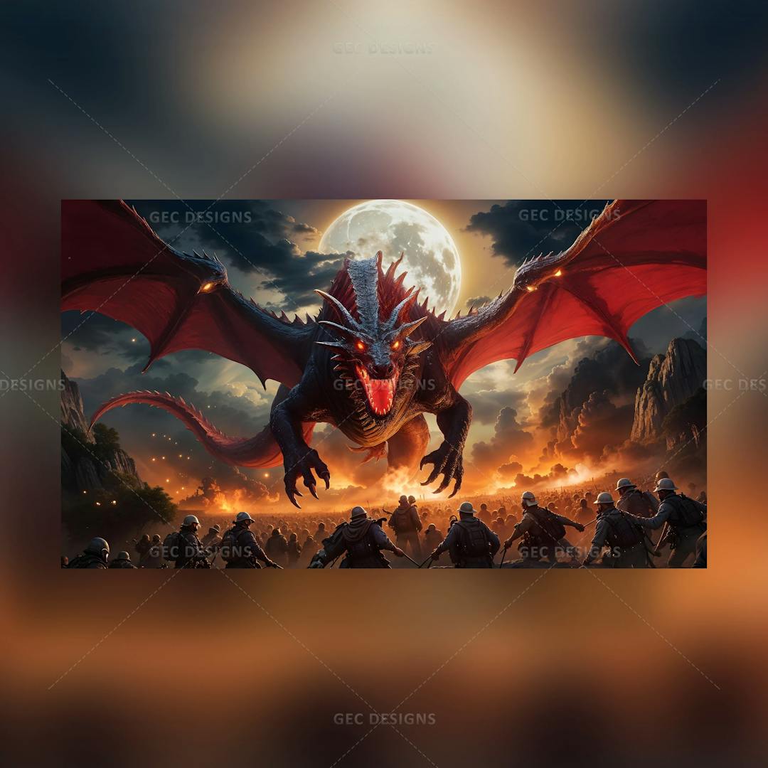 Dragon Apocalypse AI Generated wallpaper, fight against dragon, full moon, night sky background