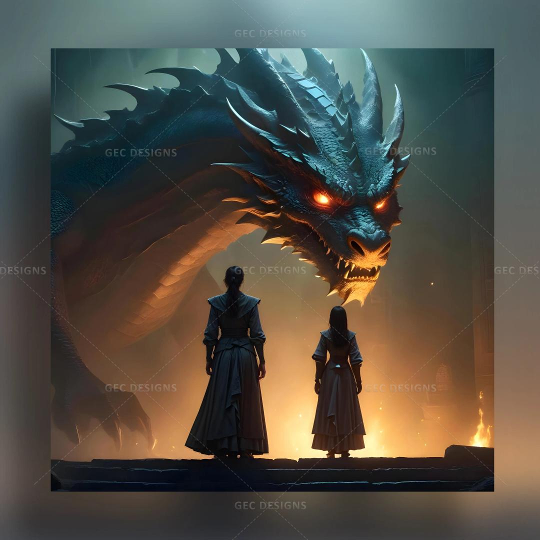 Dragon queen with ferocious scary fire breathing dragon AI Generated wallpaper