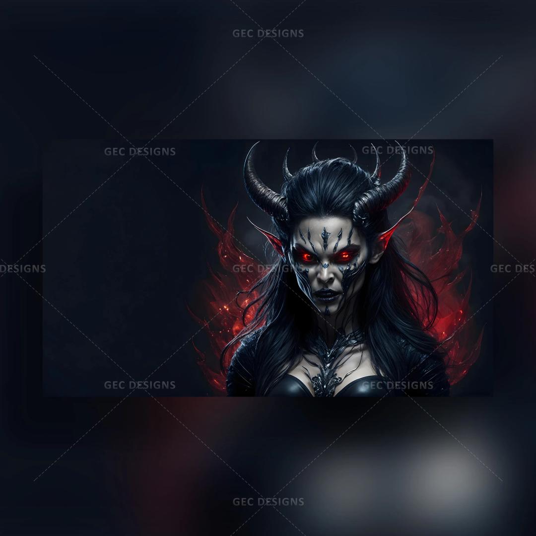 Evil scary demon girl with red eyes and horrifying horns AI Generated HD wallpaper, Halloween concept black demon image