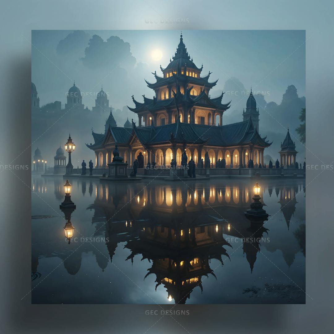 Fairy castle in the middle of a lake AI Generated wallpaper with a foggy background