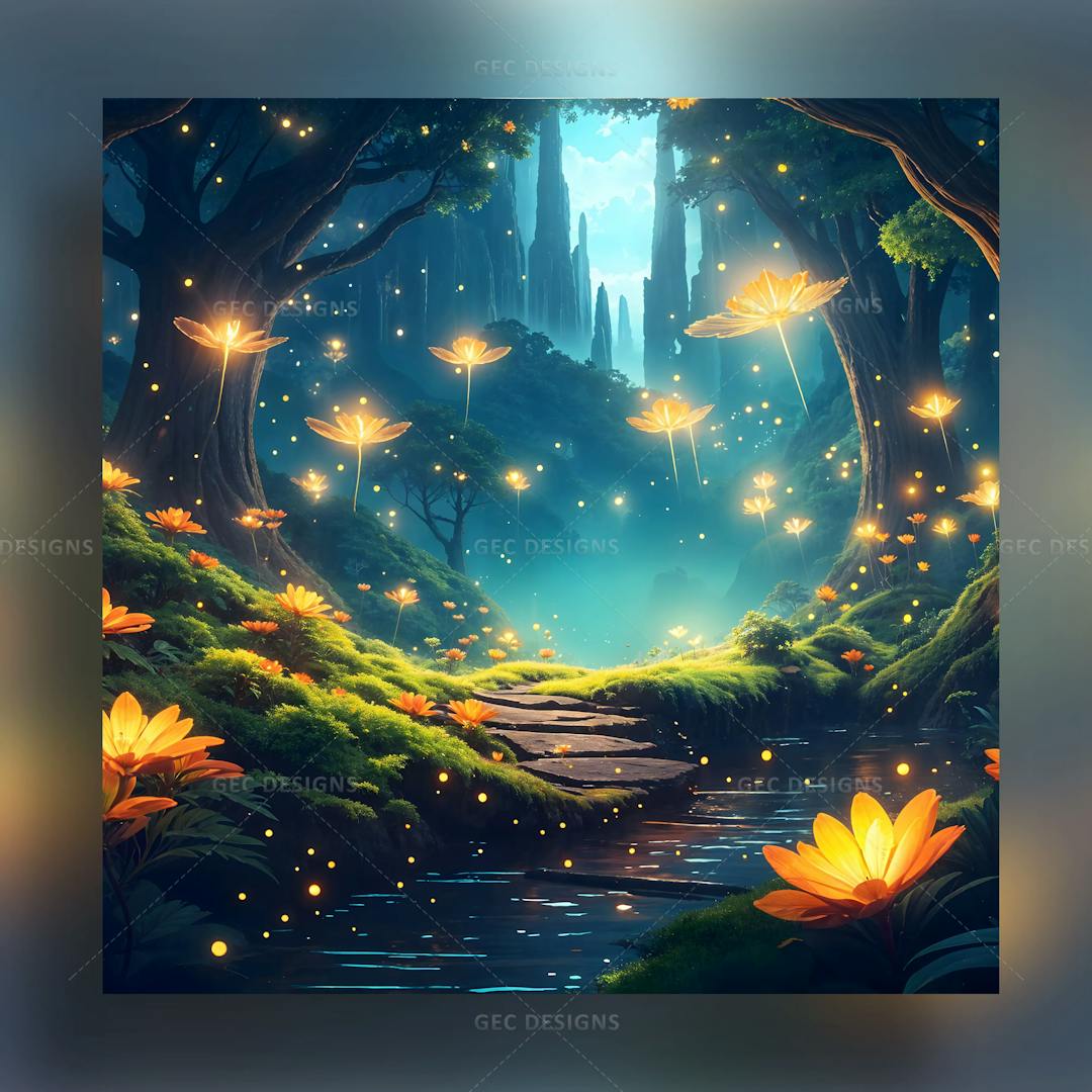 Fairy fantasy forest at night wallpaper with glowing flowers background
