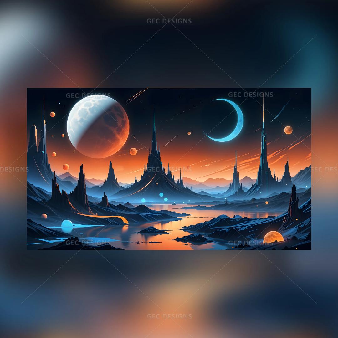 Fantasy Alien planet with mountains, buildings, and river, AI Generated wallpaper