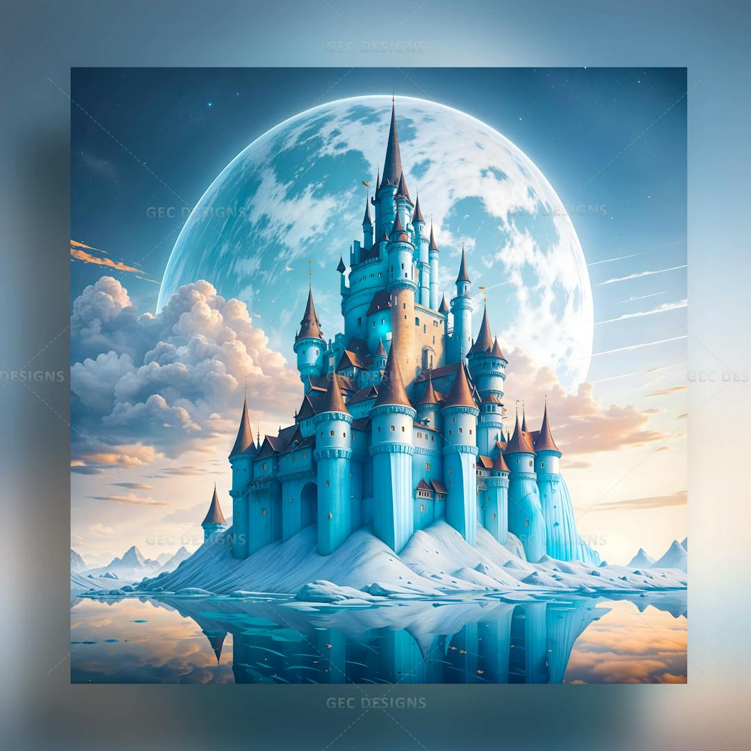 Fantasy beautiful ancient castle surrounded by snow with full moon background AI Generated wallpaper