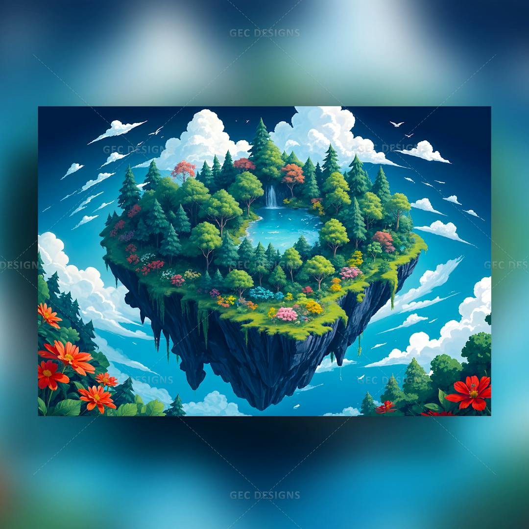 Fantasy beautiful landscape wallpaper, floating island with waterfall and forest in the sky background