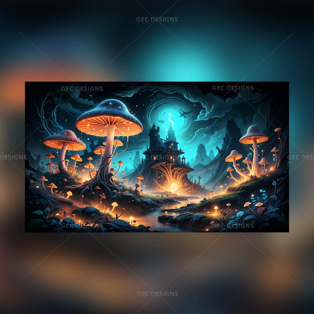 Fantasy castle in a fairy mushroom forest AI Generated wallpaper