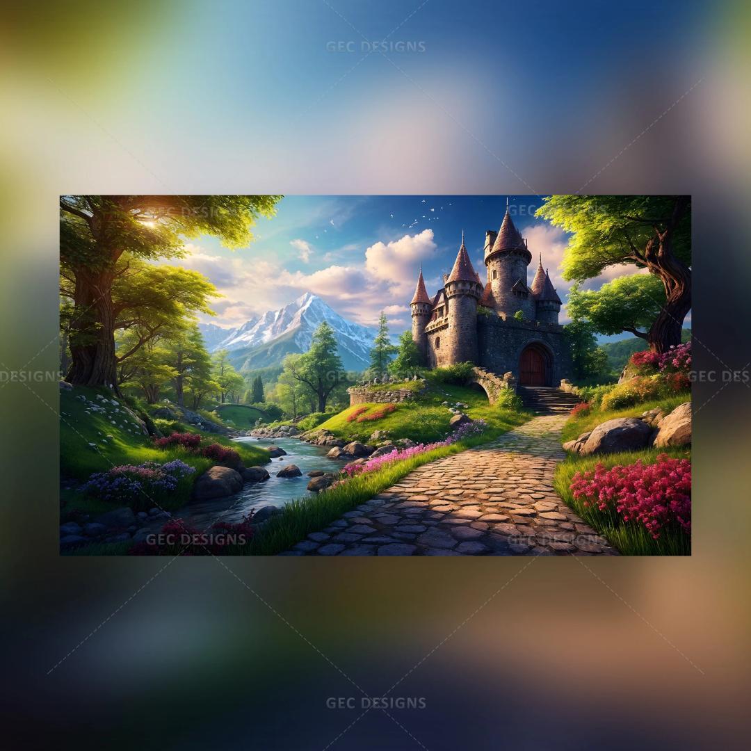 Fantasy castle in a fairy tale forest with mountain, river, and stone path AI Generated wallpaper