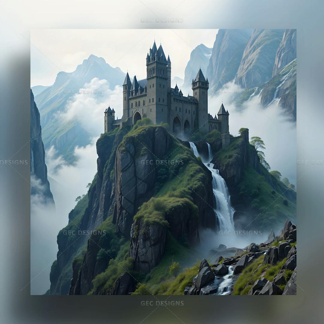 Fantasy castle on a hill landscape AI Generated wallpaper
