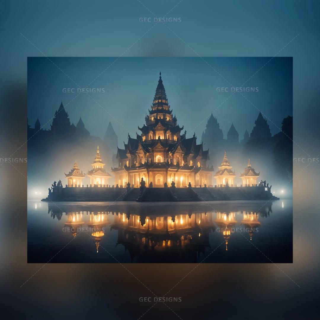 Fantasy Chinese palace surrounded by water AI Generated wallpaper