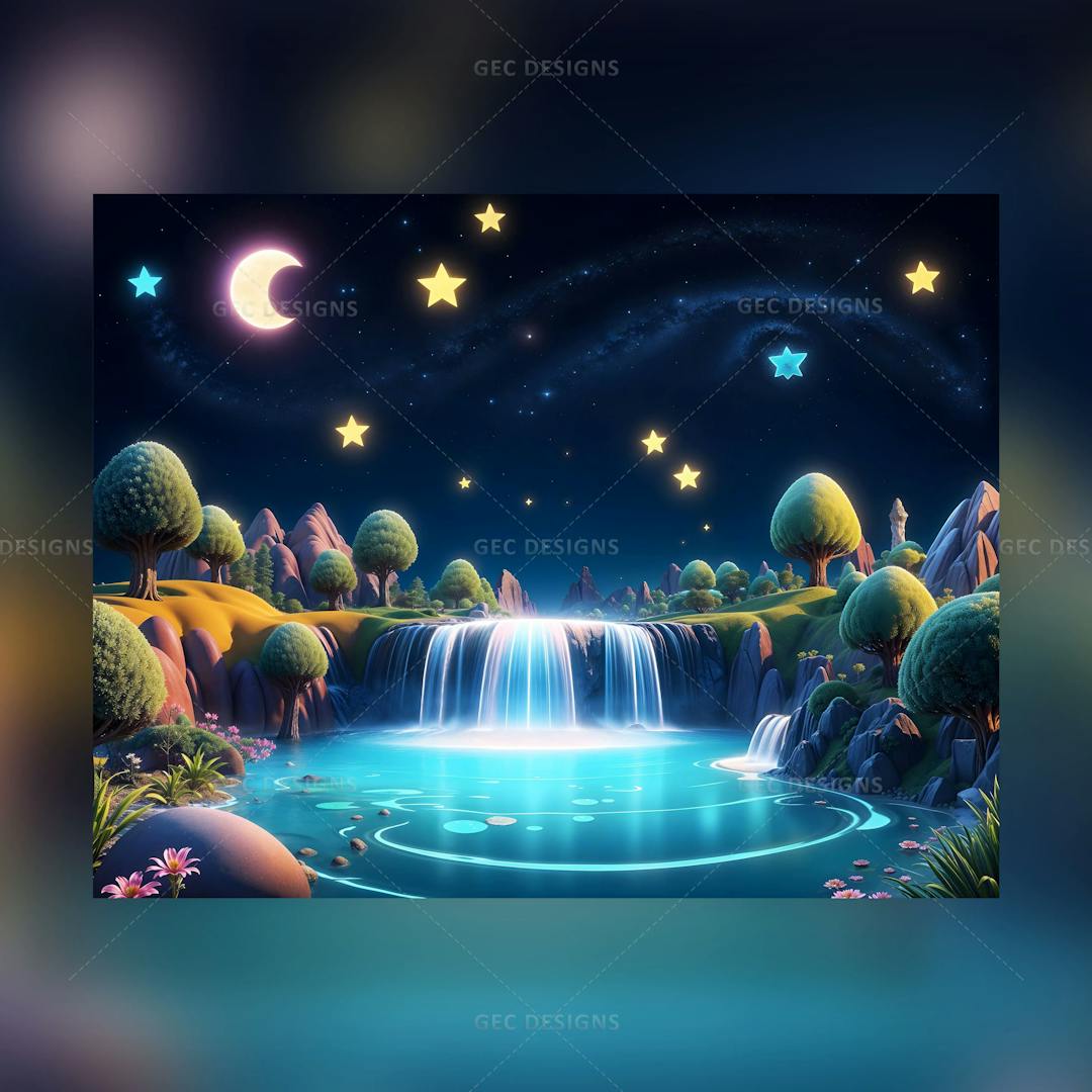 Fantasy dreamland wallpaper anime art, stars, river, and forest background