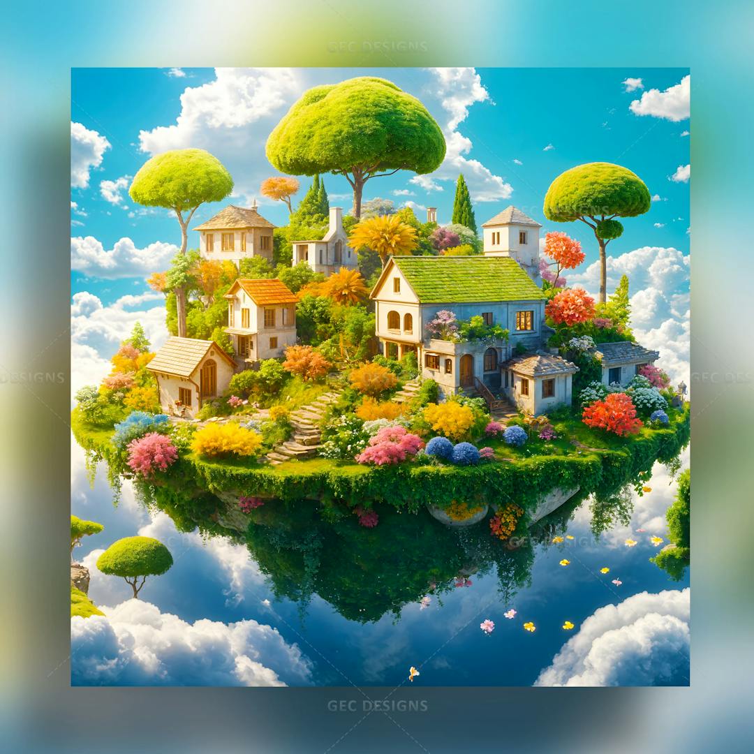Fantasy floating island with beautiful houses surrounded by lush trees and forests wallpaper, Magical island with clouds background