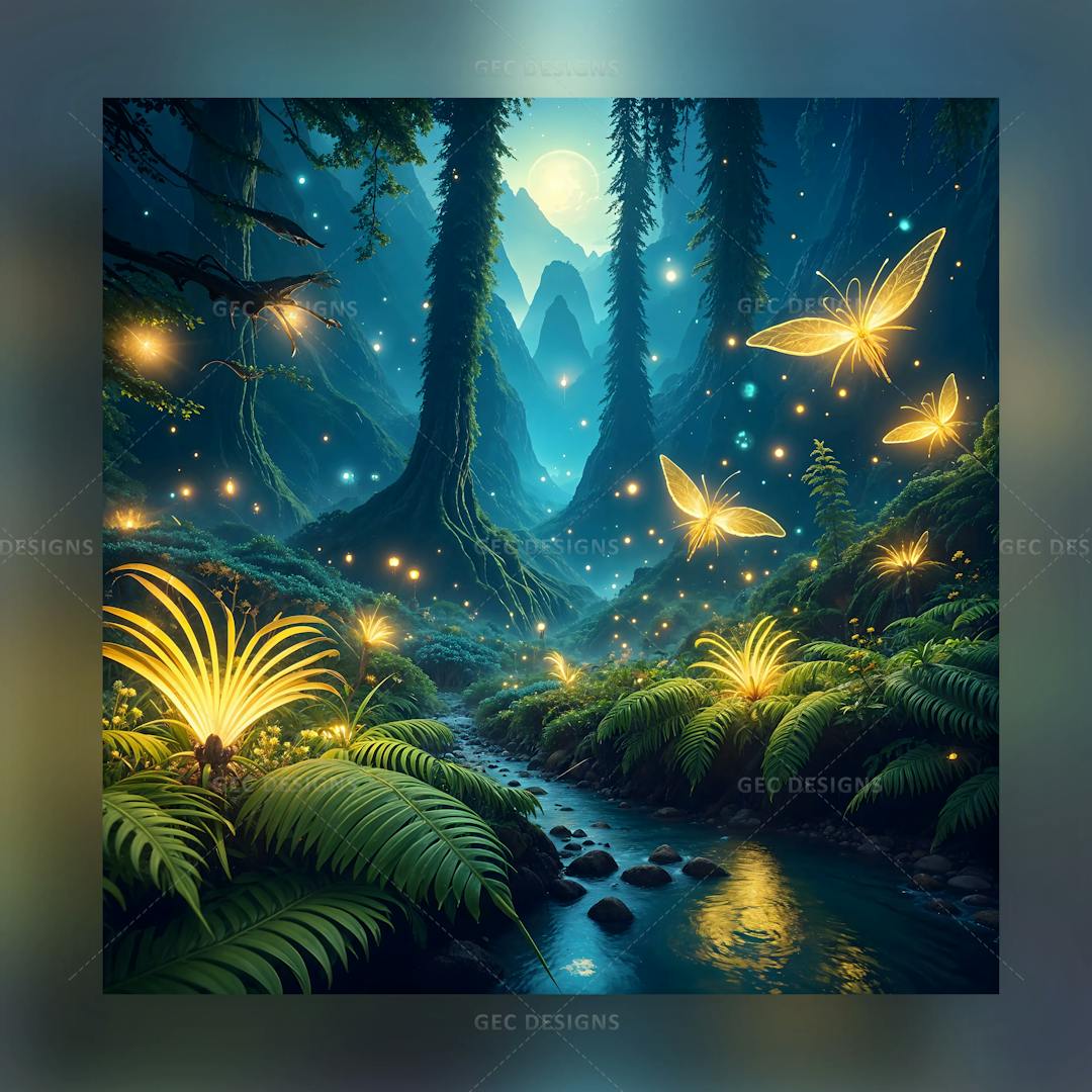 Fantasy forest wallpaper, inspired by Avatar Pandora planet with dark mountains, and glowing creatures background