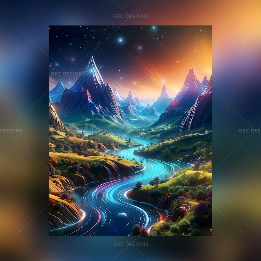 Fantasy landscape valley AI Generated wallpaper with huge mountains and river background