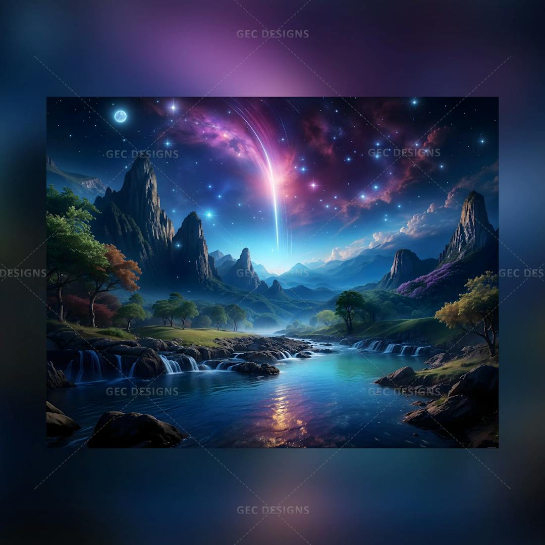 Fantasy landscape with neon night background, beautiful forest, and river AI Generated wallpaper