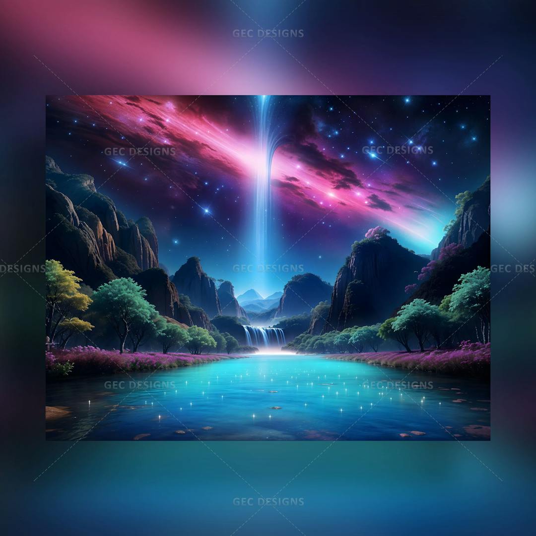 Fantasy nature landscape neon lights wallpaper with beautiful cosmic sky, spring forest, and river with glowing particles