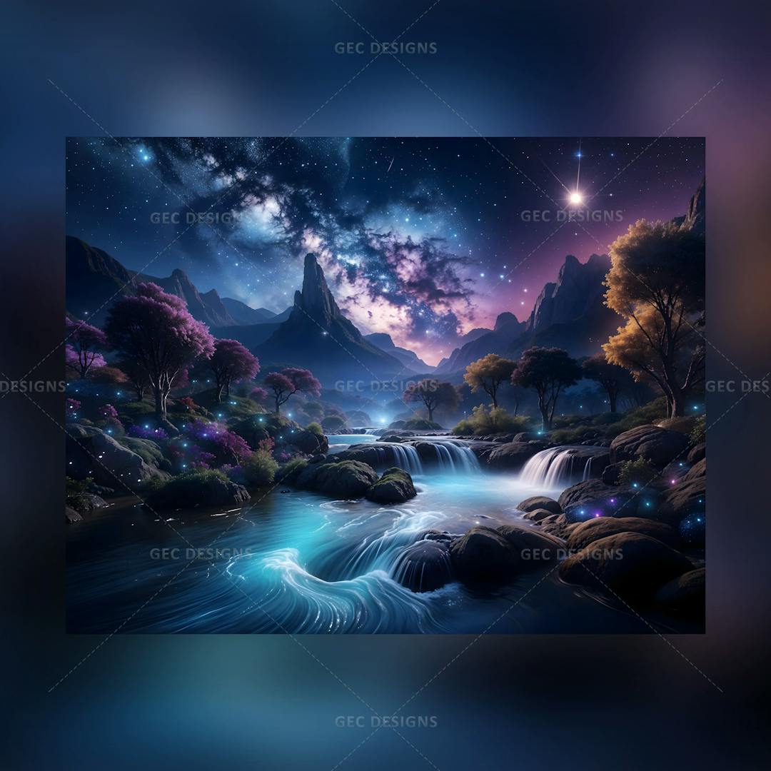 Fantasy nature landscape with forest, river, and night sky AI Generated wallpaper