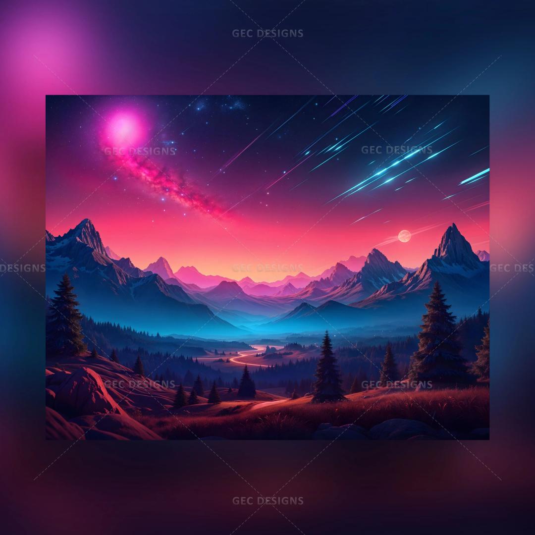 Fantasy nature landscape with Meteor shower, purple night sky, mountain, and forest AI Generated wallpaper