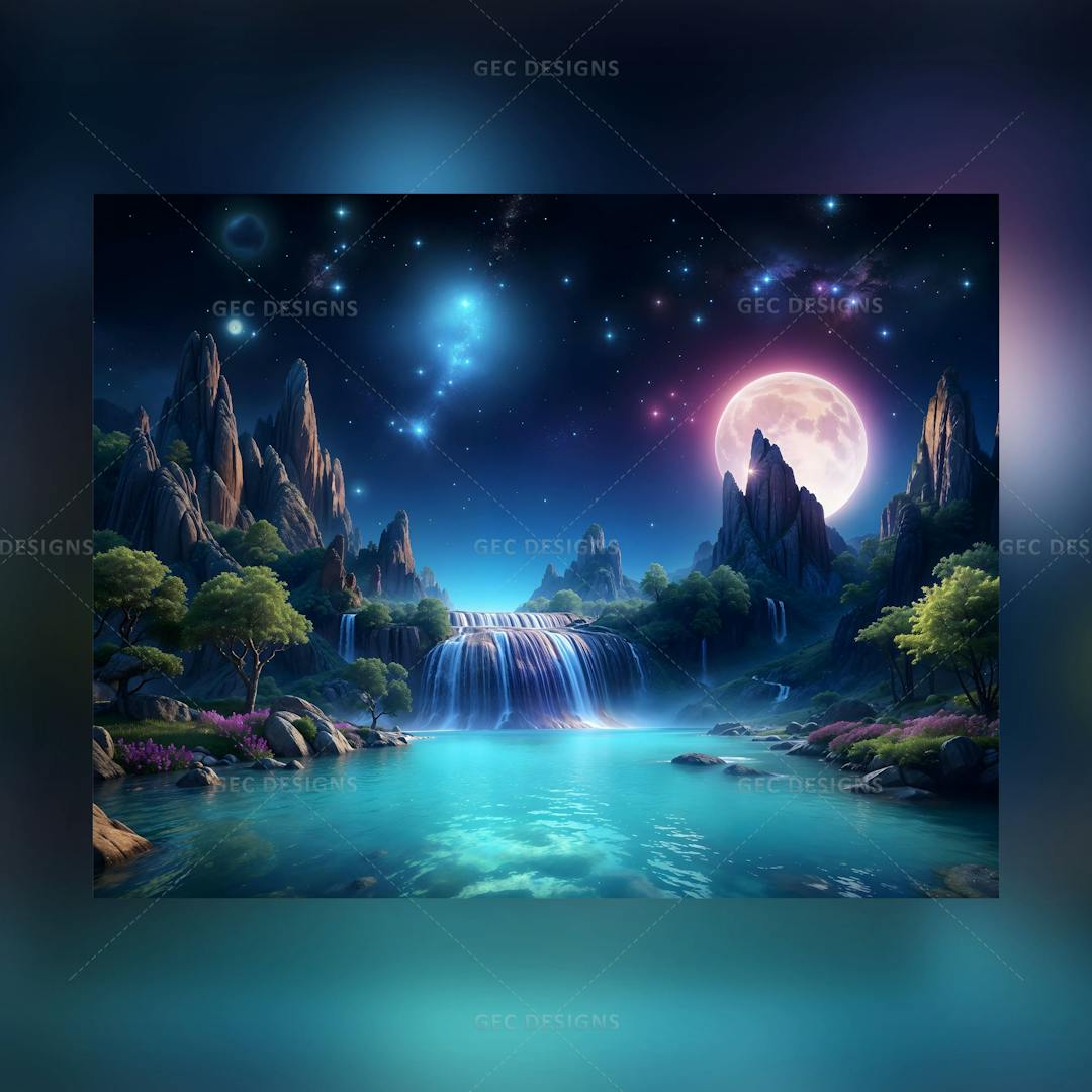 Fantasy nature neon effect wallpaper with beautiful night sky, celestial bodies, rivers, and mountains