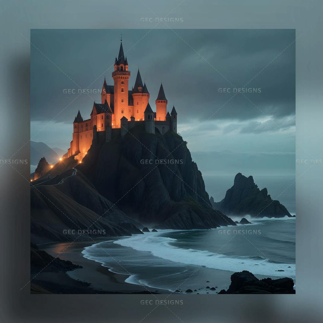 Fantasy royal castle on sea shore AI generated wallpaper with foggy background