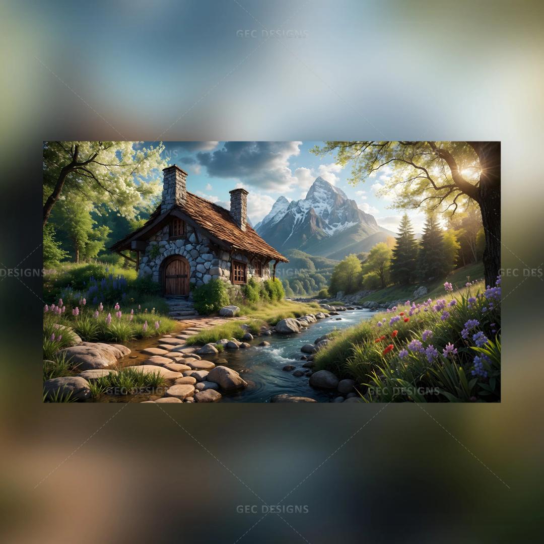 Fantasy stone house in a spring forest with stone path AI Generated wallpaper