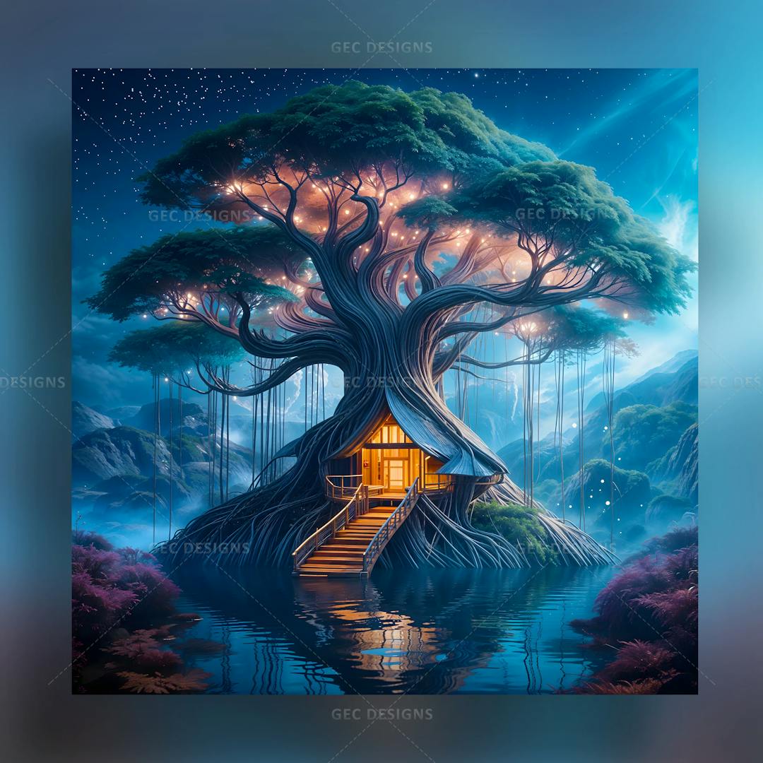 Fantasy tree house surrounded by water wallpaper
