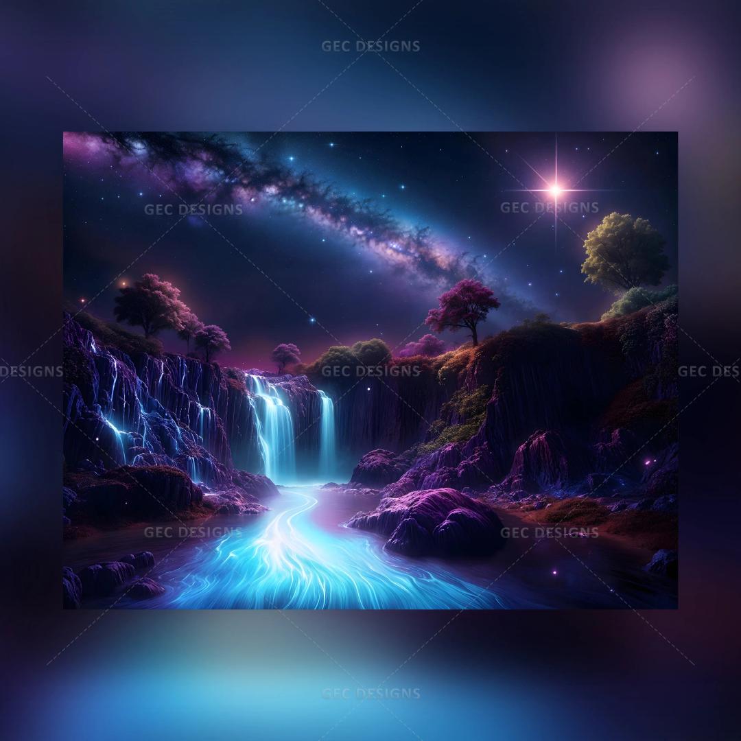 Fantasy waterfall and forest under purple night sky AI Generated wallpaper