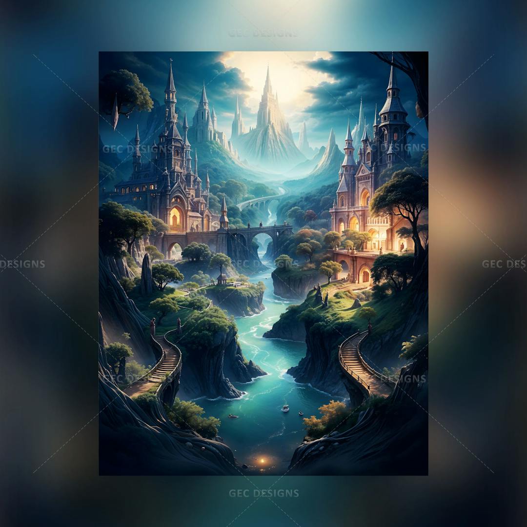 Fantasy world wallpaper with fairy castle in the mountain valley, river and enchanted forest background