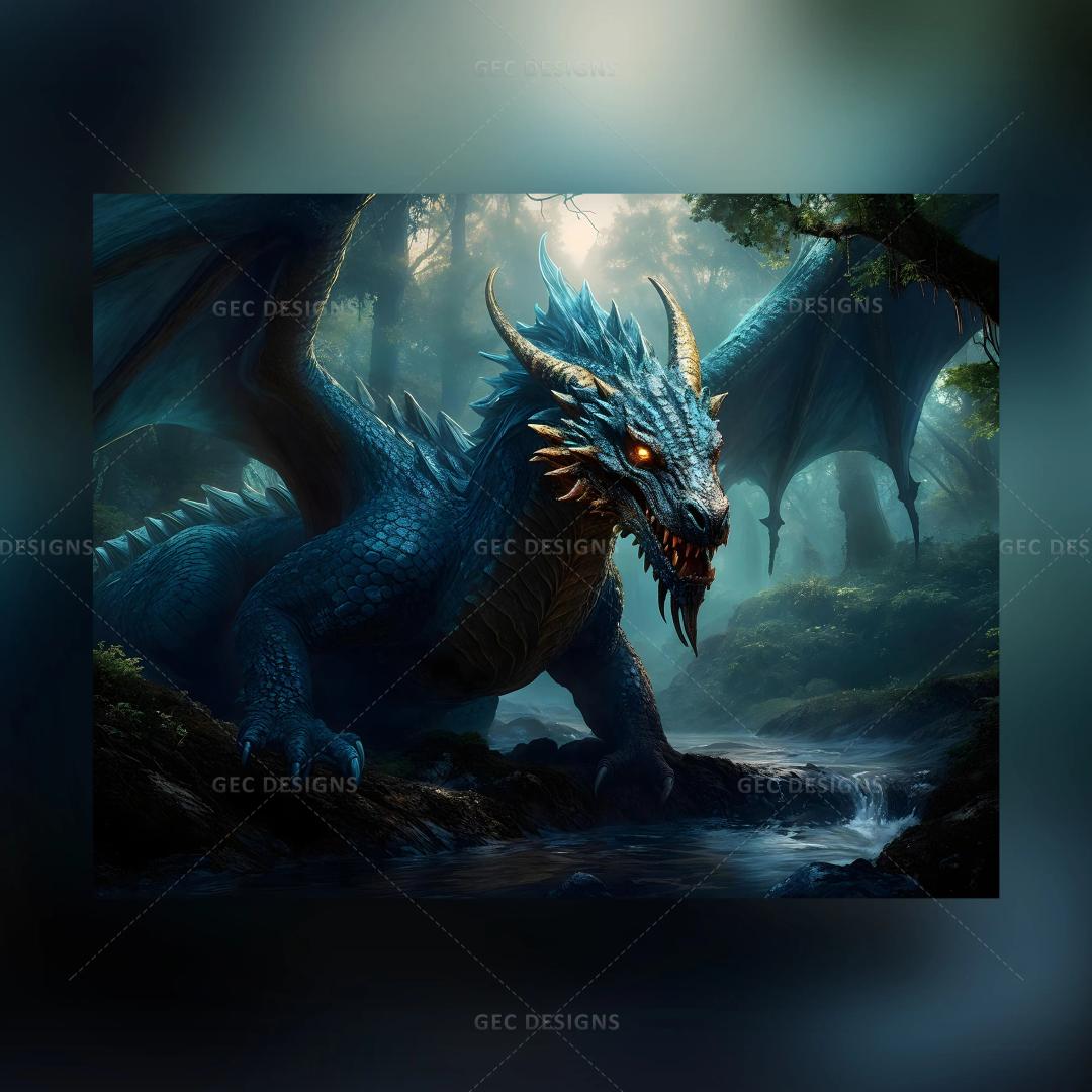 Fierce fantasy dragon in a dark forest AI Generated wallpaper