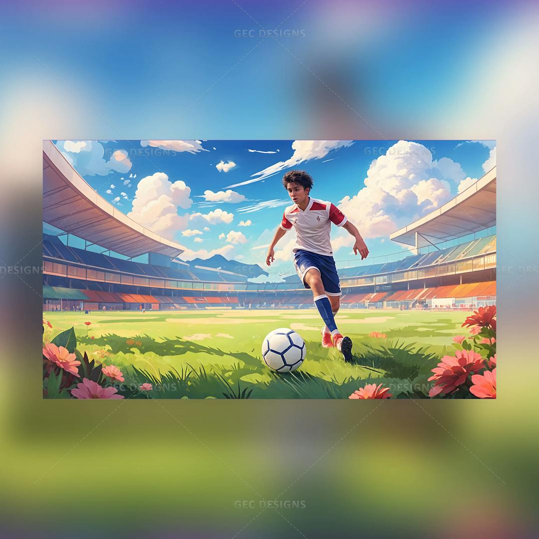 Football player kicking ball, anime football stadium landscape, anime art wallpaper
